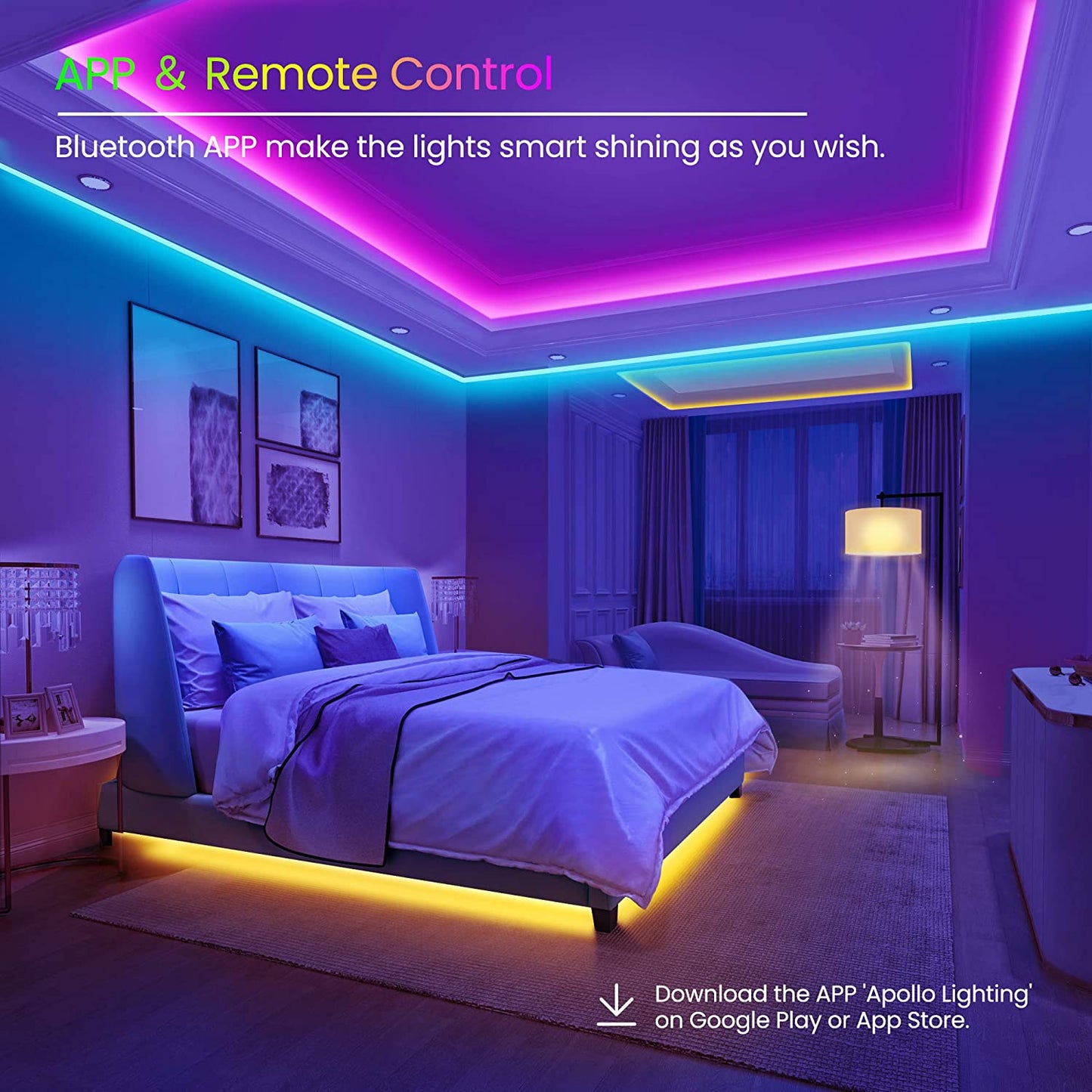 50 FT Long LED Strip Lights, Bluetooth LED Lights for Bedroom, Color Changing Light Strip with Music Sync, Smart Lights Controlled via Phone APP and IR Remote.