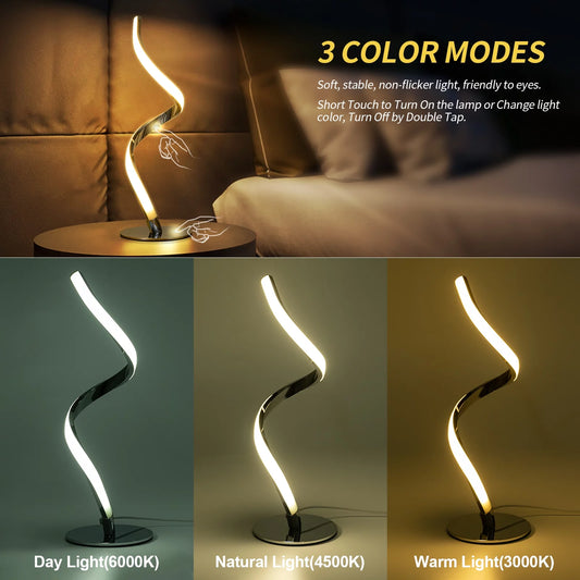 Modern Spiral Table Lamp - Touch Control Bedside Lamp, 3 Colors & Fully Stepless Dimmable Nightstand Lamps for Bedroom, Living Room & Office(3000K 4000K 5000K)