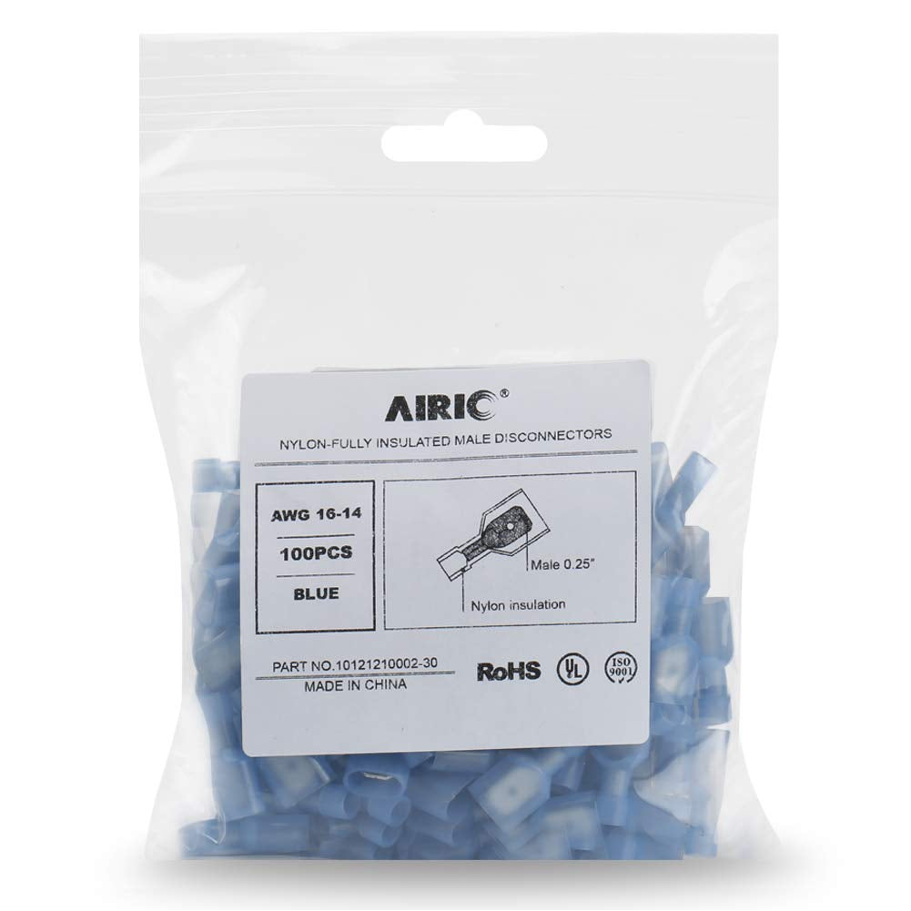 Male Spade Connector 16-14 Gauge 100PCS Nylon Fully Insulated Male Wire Quick Disconnects Spade Terminal Connectors Blue