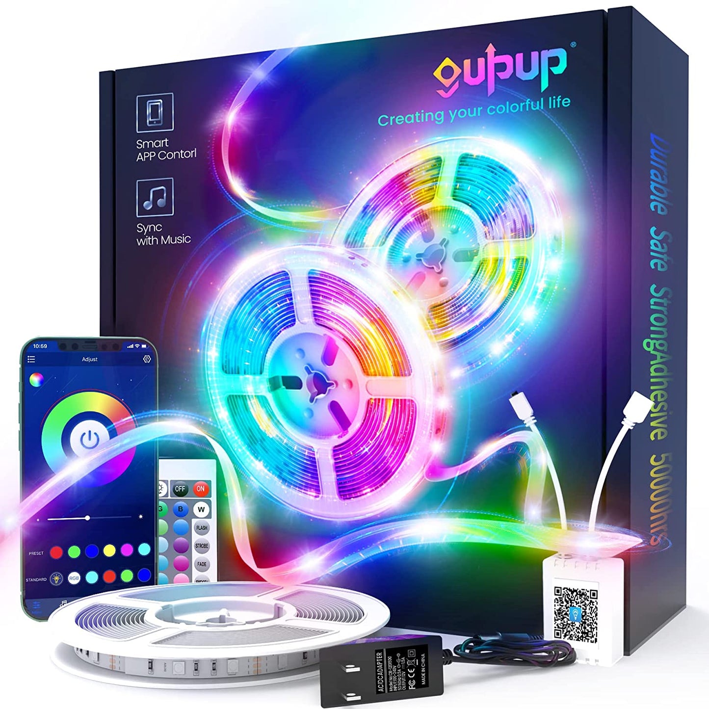 50 FT Long LED Strip Lights, Bluetooth LED Lights for Bedroom, Color Changing Light Strip with Music Sync, Smart Lights Controlled via Phone APP and IR Remote.