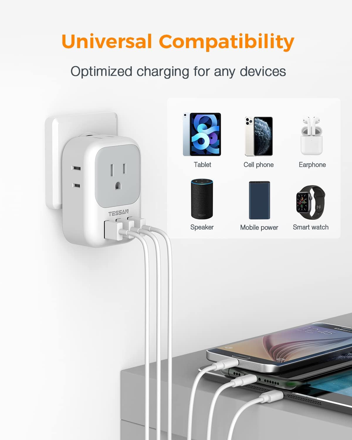 Multi Plug Outlet Extender with USB, Electrical 4 Box Splitter 3 USB Wall Charger, Multiple Charging Station for Cruise, Travel, Office, Dorm Essentials