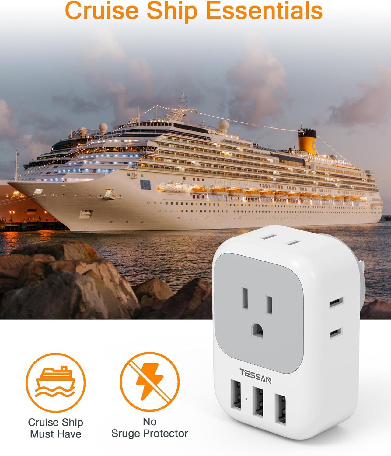 Multi Plug Outlet Extender with USB, Electrical 4 Box Splitter 3 USB Wall Charger, Multiple Charging Station for Cruise, Travel, Office, Dorm Essentials