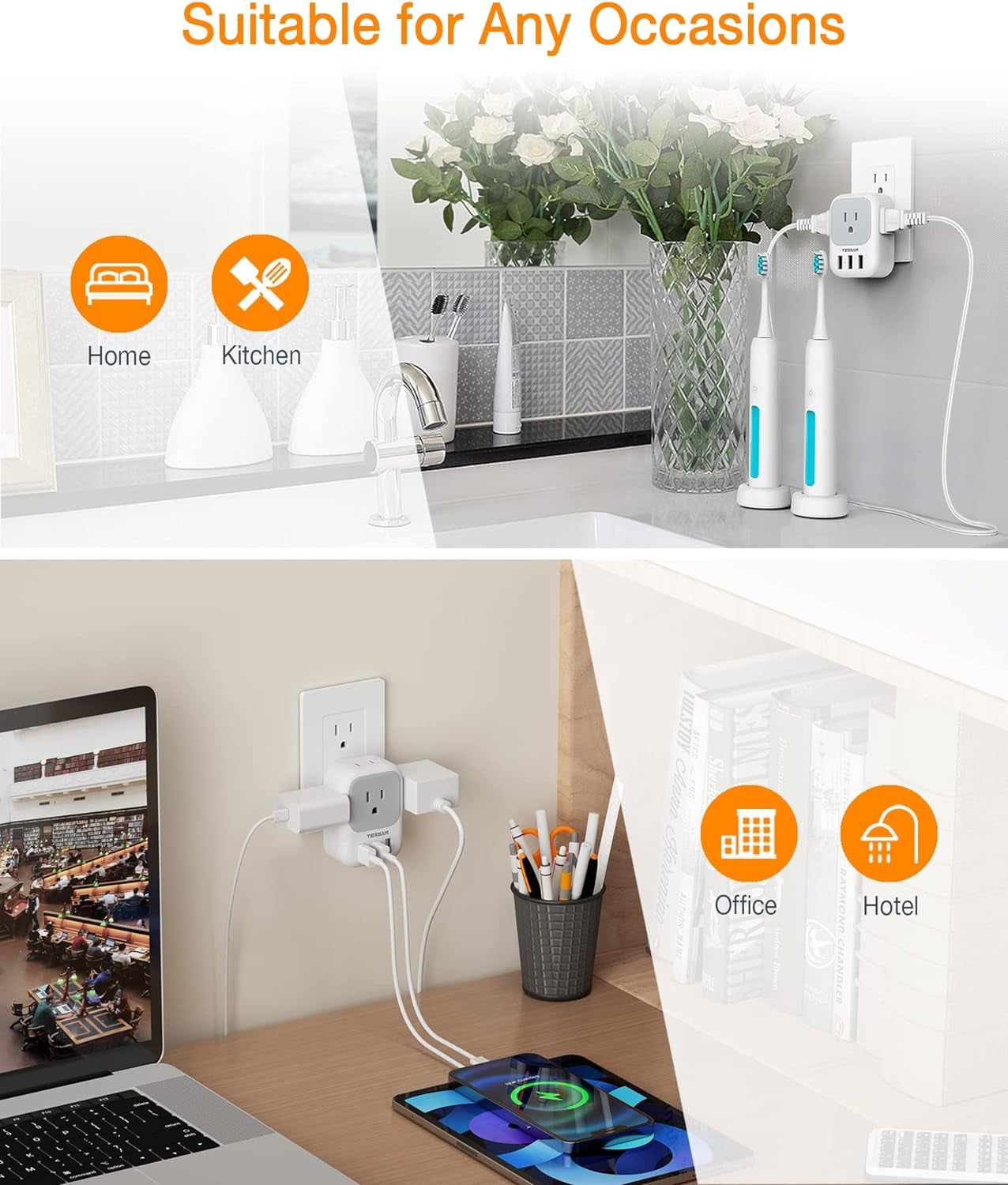Multi Plug Outlet Extender with USB, Electrical 4 Box Splitter 3 USB Wall Charger, Multiple Charging Station for Cruise, Travel, Office, Dorm Essentials
