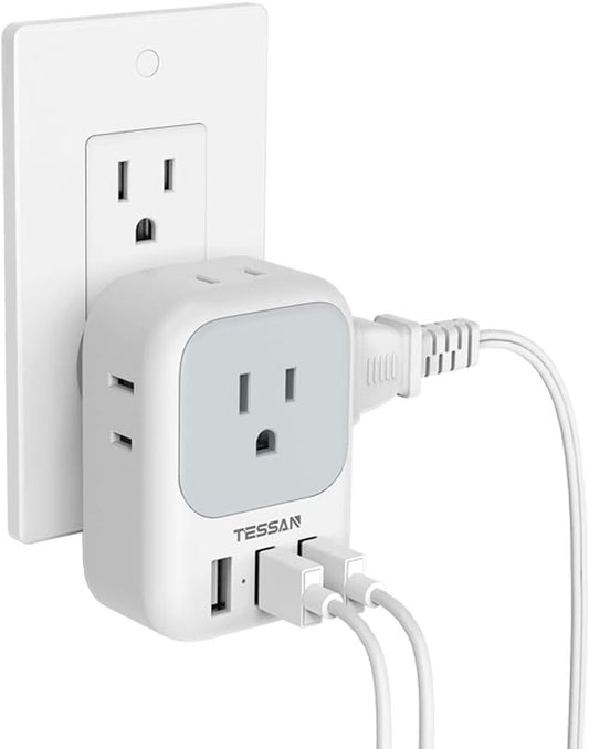 Multi Plug Outlet Extender with USB, Electrical 4 Box Splitter 3 USB Wall Charger, Multiple Charging Station for Cruise, Travel, Office, Dorm Essentials