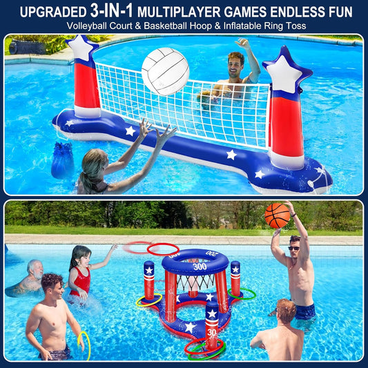 Large Inflatable Pool Games Volleyball Net & Basketball Hoop with 2 Beach Balls American Flag Swimming Pool Water Toys for Adult Kids Pool Floating Patriotic Party Supplies(116”X46”X30”) Hoop(31”X24”)