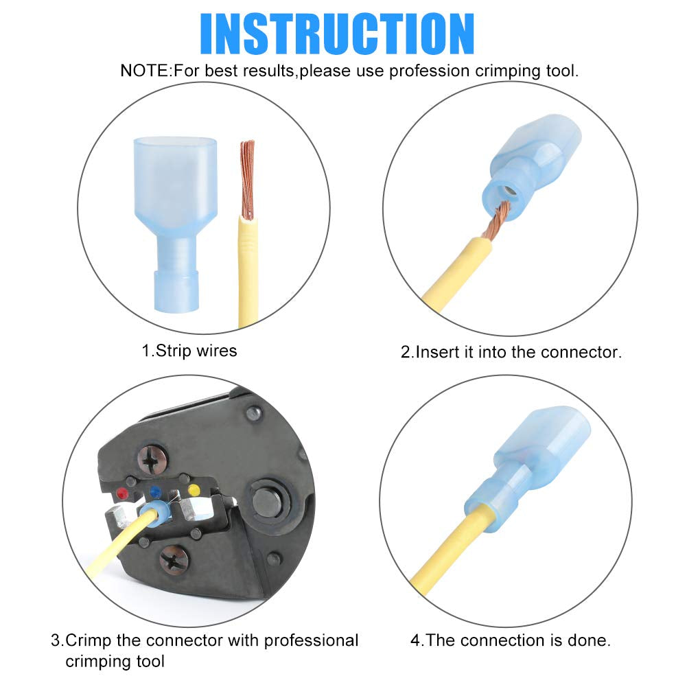 Male Spade Connector 16-14 Gauge 100PCS Nylon Fully Insulated Male Wire Quick Disconnects Spade Terminal Connectors Blue