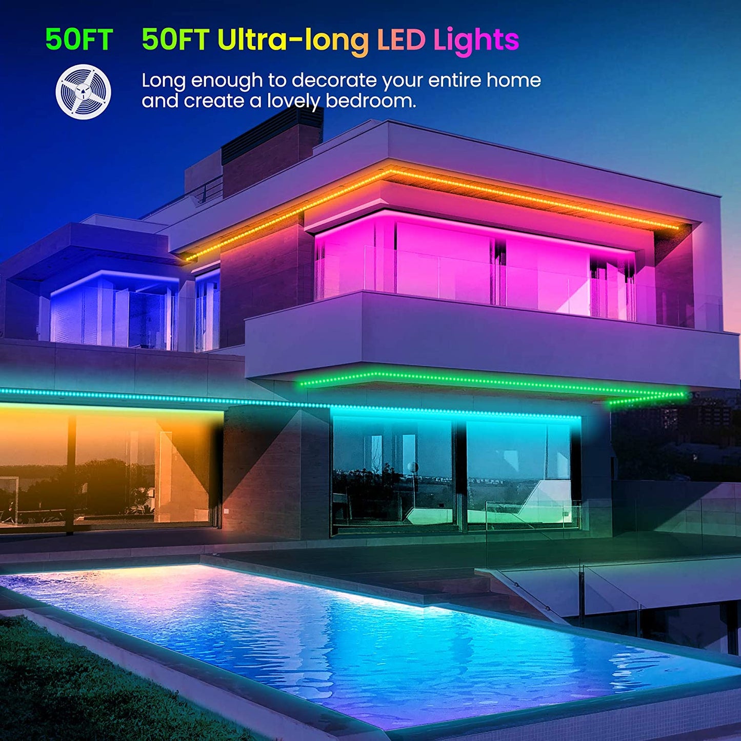 50 FT Long LED Strip Lights, Bluetooth LED Lights for Bedroom, Color Changing Light Strip with Music Sync, Smart Lights Controlled via Phone APP and IR Remote.
