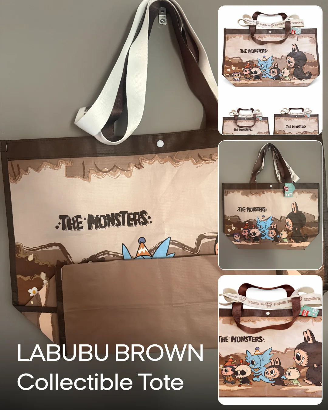 Authentic Popland Exclusive Brown Tote Labubu Reusable Shopping Bags