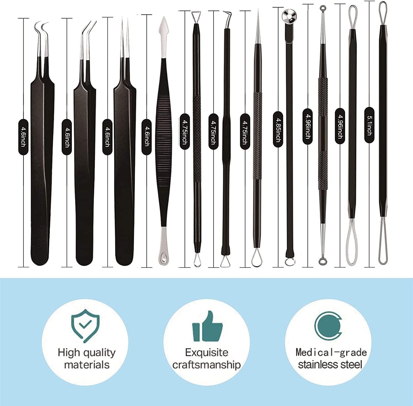 Pimple Popper Tool Kit 11 Pcs, Blackhead Remover Pimple Extractor Tools with Metal Case for Quick and Easy Removal of Blackheads,Pimples,Whiteheads,Zit Popper,Forehead,Facial and Nose (Black)