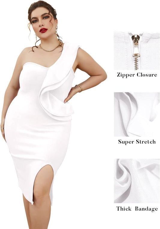 Womens One Shoulder Ruffles Side Split Bodycon Bandage Club Party Dress