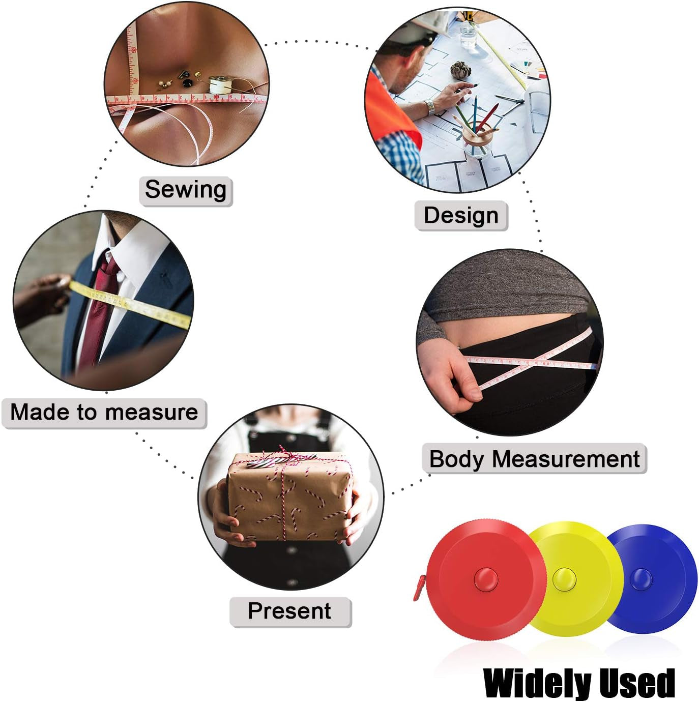 60-Inch 1.5 Meter Soft and Retractable Tape Body Tailor Sewing Craft Cloth Dieting Measuring Tape (6 Colors of Blue, Red, Yellow, White, Pink, Green and 2 Soft Tapes)