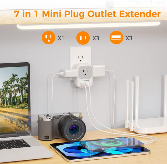 Multi Plug Outlet Extender with USB, Electrical 4 Box Splitter 3 USB Wall Charger, Multiple Charging Station for Cruise, Travel, Office, Dorm Essentials