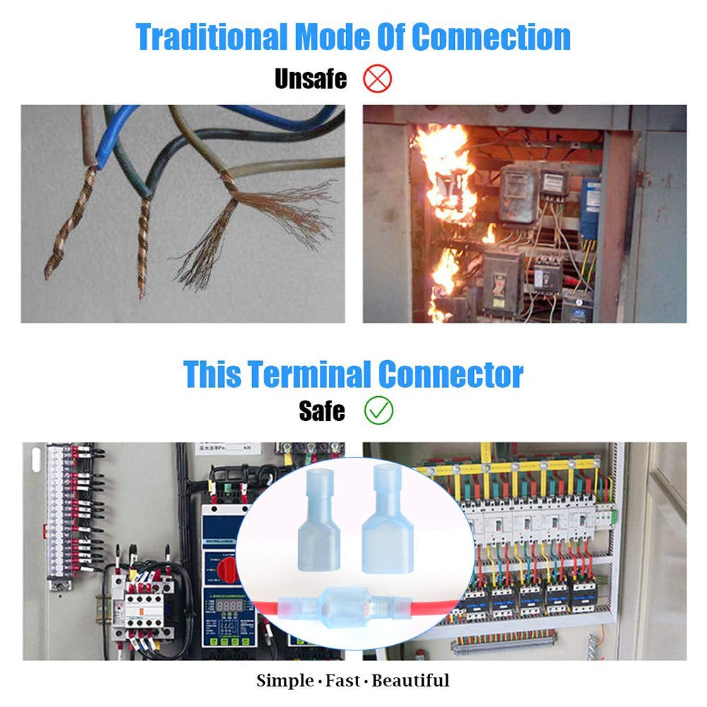Male Spade Connector 16-14 Gauge 100PCS Nylon Fully Insulated Male Wire Quick Disconnects Spade Terminal Connectors Blue