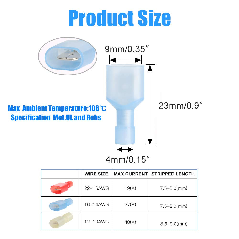 Male Spade Connector 16-14 Gauge 100PCS Nylon Fully Insulated Male Wire Quick Disconnects Spade Terminal Connectors Blue