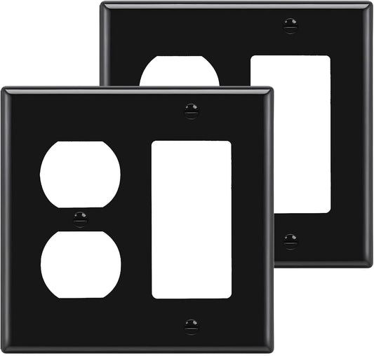 [2 Pack]  2-Gang Combination Wall Plate, 1-Duplex/1-Decor, Standard Size H4.53” X W4.57”, Unbreakable Polycarbonate Outlet and Switch Cover, UL Listed, Black