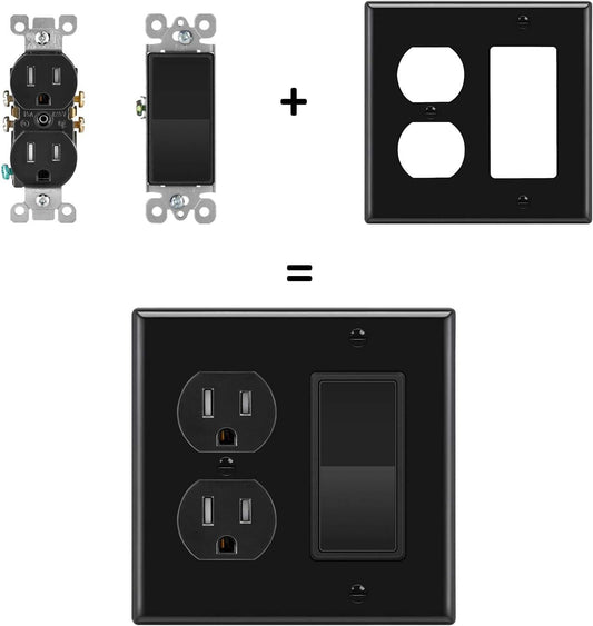 [2 Pack]  2-Gang Combination Wall Plate, 1-Duplex/1-Decor, Standard Size H4.53” X W4.57”, Unbreakable Polycarbonate Outlet and Switch Cover, UL Listed, Black